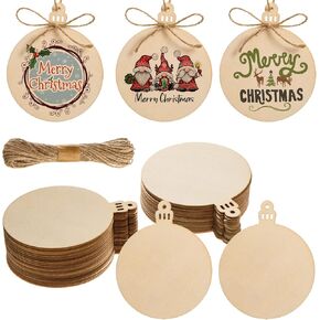 100 Pcs Wooden Christmas Ornaments Unfinished Wooden Circles with Holes Blank Round Wood Discs Slices Wooden Christmas Hanging Ornaments with Twine for DIY Crafts Present Tags Xmas Party Decor,4x4.7