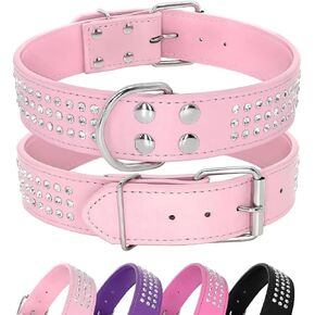 Rhinestones Dog Collar - 1.5" Width Leather Made with Sparkly Crystal Diamonds Studded - Shining Pet Appearance for Medium & Large Dog Walking,15"-18",Pink