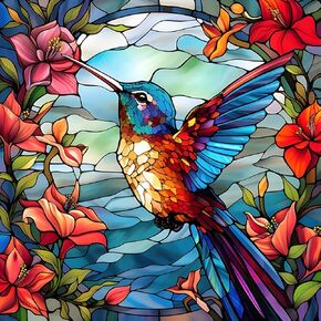 CLAKINLA Stained Glass Hummingbird Diamond Art Painting Kits for Adults, 5D Flowers Diamond Art Painting Kits for Beginners, Hummingbird Gem Art Painting for Home Wall Decor 12x12inch