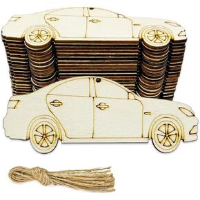 30pcs Unfinished Car Wood DIY Crafts Cutouts Wooden Car Shaped Hanging Ornaments with Hole Hemp Ropes Gift Tags for Home Party Decoration Craft Project