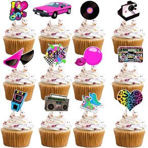 24pcs Double-sided Dessert Cupcake Topper Pick for Retro 80s Rock Roll Theme Theme Decor Supplies Boys Girls Happy Birthday Music Party Decorations
