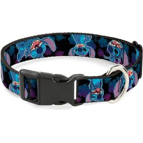 Disney Pet Collar, Dog Collar Plastic Buckle, Stitch Expressions and Poses Tropical Black Purple Blue Fade, 15 to 24 Inches 1.0 Inch Wide