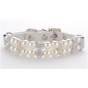 CheeseandU 1Pc Dog Cat Cute Fashion PU Leather Pearl Collar with Crystal Rhinestone Diamond Decor Pet Adjustable Neck Strap Accessary for Wedding Birthday Party Valentines Day Collar Gift, White