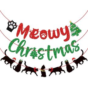 Meowy Christmas Banner, Cat Christmas Decorations, Funny Merry Christmas Banner, Christmas Black Cat Garland, Xmas Christmas Party Supplies, Red Green Black