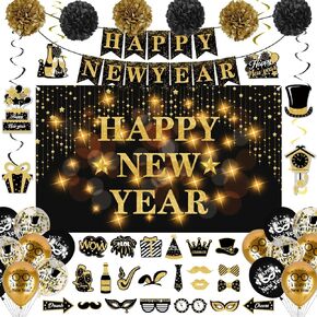 New Years Decorations 2025, 54Pcs Black Gold Happy New Year Decorations Kit New Years Eve Party Supplies Include Happy New Year Banner Balloons Hanging Swirls Paper Pom Poms New Year Photo Props