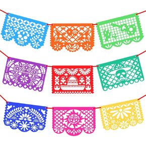 Novelty Place 15Ft 9Pcs Mexican Party Banners - Felt Papel Picado Banner - Mexican Fiesta Party Decorations for Dia De Los Muertos, Day of The Dead, Cino de Mayo, 9 Pattern Panels