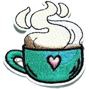 PP Patch Green Cup Coffee Cappuccino Hot Drink Cartoon Embroidered Patch Cute Applique Sew Iron on Kids Craft Patch Sticker Cartoon for Bags Jackets Jeans Clothes Hat Backpacks