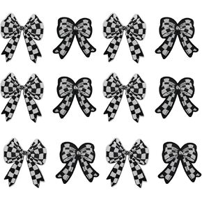 12PCS Checkered Bow Patches, Bow Patches Bow Patch Sticker Iron On Patches Fashion,Embroidered Applique Sew On Patch,Coquette Iron on Patches for Backpacks Girl,Fabric Embroidery Patches Racing Patch