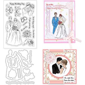 INFUNLY Happy Wedding Day Clear Stamp and Die Cuts Set Bride and Groom Reusable Silicone Stamps Bouquet Transparent Seal Wedding Blessing Text Rubber Stamps for Card Making Invitation Photo Album