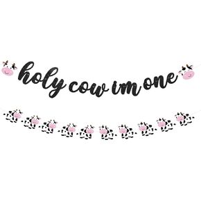 Holy Cow I'm One Banner for Cow Themed Birthday Party Glitter One Cow Banners Farm Animal Party Decorations Cow 1st Print Birthday Banners