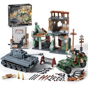 WW2 Military Base Building Set Compatible with Lego (1135 Pieces), Includes German Tiger Army Tank, US Willys MB Military Vehicle, Bombed House & More, Great Army Toys for Kids Boys & Adults Age 8-14