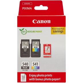 Canon PG-540 / CL-541 Genuine Ink Cartridges, Pack of 2 (1 x Black, 1 x Colour), Includes 50 Sheets of 4x6 Photo Paper - Cardboard Multipack