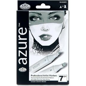 Royal & Langnickel Azure, 7pc Dual-Tip, Alcohol Based Marker Set, Includes - 6 Markers & 1 Blender, Grayscale Colors