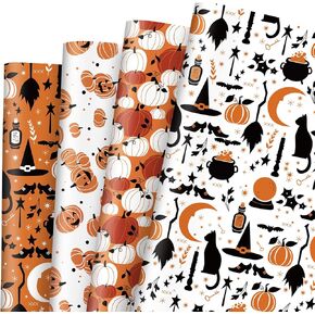 JarThenaAMCS 12 Sheet Halloween Wrapping Paper -Not Roll- Orange Black Pumpkin Black Cat Gift Wrap Paper Bulk Folded Flat Spooky Art Paper for DIY Crafts, 19.7 x 27.6 Inch