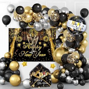 New Year Balloons Garland Arch Kit 2025 New Years Eve Party Decorations, Black and Gold Balloons Arch Kit for 2025 New Year Party Decorations, 2025 Happy New Year Backdrop Balloons Party Supplies