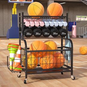 Ball Storage Rack Multifunctional Sports Equipment Organizer Rolling Sports Ball Storage Cart Home Gym Organizer Removable Storage Rack