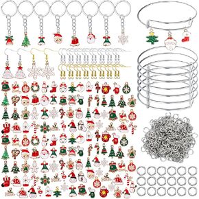 Jexine 388 Pcs Christmas Charms for Jewelry Making Kit 100 Jewelry Charms 20 Expandable Bangle Adjustable Wire Bracelet 20 Keyring with Chain 48 Ear Hook 200 Jump Rings for Xmas DIY Gift