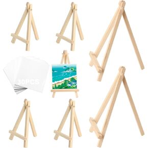 6 Mini Wood Display Easels, Wooden Easel Canvas Stand for Painting, Natural Wood Easels, Tripod Tabletop Easels Mini Easel Stand for Painting Picture Art Sign Holder (5.9" + 7.5") + 30 Paint Paper