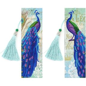 pigpigboss Peacock Bookmark DIY 5D Diamond Painting Craft Kit, 2 Pieces, 21 x 6 cm, Faux Leather with Tassel, Arts for Adults