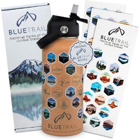 National Parks Water Bottle with Stickers Mountain Blue Color