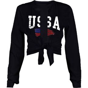 Zoyami Womens Sexy Tie Front Crop Top Long Sleeve Graphic Tee Shirt Clubwear