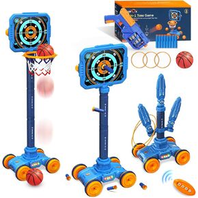 3 in 1 Kids Multifunctional Fun Toys, Removable Base&Foam Toy Gun with Shooting Target, Basketball Rim&Ball, Ring Throwing Game Toys, Birthday/Xmas Toys for Boys Girls Aged 3-12+ Years