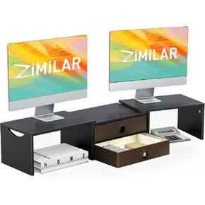 Zimilar Dual Monitor Stand Riser with 2 Drawers, Wood Monitor Riser for 2 Monitors, Length and Angle Adjustable Monitor Stand with Storage, Desktop Organizer Stand for Computer,Laptop,Printer