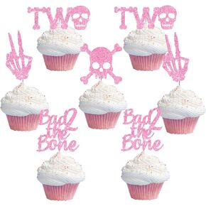Bad Two the Bone Cake Toppers 36PCS الذهب الوردي بريق روك ن رول 2nd كعكة القبعات العالية العظام الجمجمة عيد ميلاد كعكة الزينة موسيقى الروك موضوع كعكة الزينة للفتيات 2nd bday حزب اللوازم