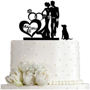 Wedding Couple Kiss Mr&Mrs Heart Diamond Ring Cake Topper, Bride and Groom with Dog Silhouette Cake Topper, Black Acrylic