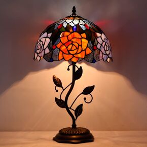 Tiffany Lamp Orange Flower Stained Glass Table Lamp Desk Bedside Reading Light 12X12X19 Inches with Metal Leaf Base Decor Bedroom Living Room