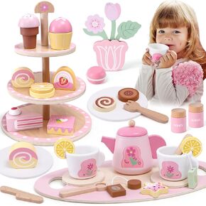 Wooden Tea Party Set for Toddler Girls Toys Gift with Cupcake Stand & Tray & Flower & Dessert, Kids Pretend Play Kitchen Accessories Christmas Birthday Gifts for 2 3 4 5 6 Years Old Little Girl