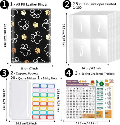 100 Envelopes Money Saving Challenge, Money Saving Budget Binder with Cash Envelopes, Motivational Process to Save $5050, A5 Saving Challenge Book - Cute Dog Paw Prints in Kuwait