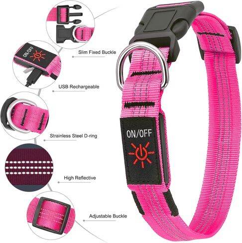 BSEEN Light Up Dog Collars - Glowing LED Dog Collar, Reflective Puppy Collar, Adjustable Lighted Dog Collar, Rechargeable Pet Collar for Night Walking (Pink-II, Large) in Saudi Arabia
