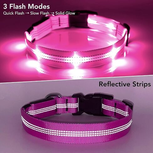 BSEEN Light Up Dog Collars - Glowing LED Dog Collar, Reflective Puppy Collar, Adjustable Lighted Dog Collar, Rechargeable Pet Collar for Night Walking (Pink-II, Large) in Saudi Arabia