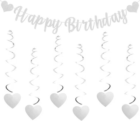 Pre-assembled Happy Birthday Banners with 6 Pieces Hanging Swirl Sweet Heart Glitter Bunting Banner For Women Girls for Birthday Party Decorations Backdrop Silver in Saudi Arabia