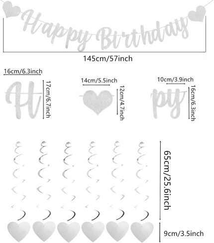 Pre-assembled Happy Birthday Banners with 6 Pieces Hanging Swirl Sweet Heart Glitter Bunting Banner For Women Girls for Birthday Party Decorations Backdrop Silver in Saudi Arabia