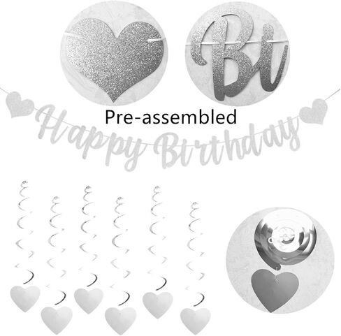 Pre-assembled Happy Birthday Banners with 6 Pieces Hanging Swirl Sweet Heart Glitter Bunting Banner For Women Girls for Birthday Party Decorations Backdrop Silver in Saudi Arabia