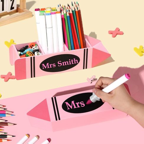 Teacher Pencil Holder Christmas Teacher Appreciation Gift Personalized Teacher Name Pen Holder Case Pink Crayon Shaped DIY Teacher Desk Organizer Container Decor for Christmas Office Birthday Supplies in Saudi Arabia