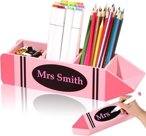 Teacher Pencil Holder Christmas Teacher Appreciation Gift Personalized Teacher Name Pen Holder Case Pink Crayon Shaped DIY Teacher Desk Organizer Container Decor for Christmas Office Birthday Supplies in Saudi Arabia
