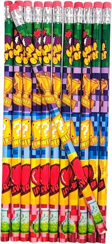 Colorful Gamers Power Up Wood Pencils With Pink Top Erasers - 24 Pack (7.5") Themed Pencils for the Video Game Lover. Printed" Game Over, Power-Up, Winner, Level-Up. (Gamers Pencil, 24, Count) in Saudi Arabia
