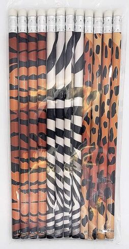 Animal Print Pencils 12 Pack. (#2 Lead) Standard 7.5". With Top Erasers. Prints of Leopard, Tiger and Zebra. (12) in Saudi Arabia