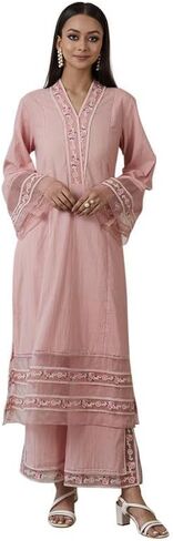 مجموعة كورتا بالازو للنساء بأكمام طويلة ملابس عرقية هندية ورقبة على شكل حرف V مطبوعة كورتي هندية للفتيات باللون الوردي in Kuwait