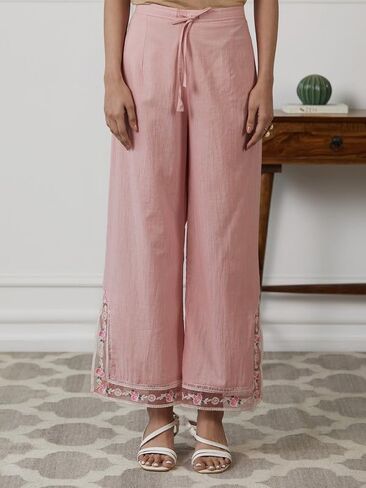 مجموعة كورتا بالازو للنساء بأكمام طويلة ملابس عرقية هندية ورقبة على شكل حرف V مطبوعة كورتي هندية للفتيات باللون الوردي in Kuwait