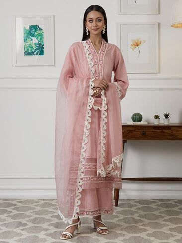 مجموعة كورتا بالازو للنساء بأكمام طويلة ملابس عرقية هندية ورقبة على شكل حرف V مطبوعة كورتي هندية للفتيات باللون الوردي in Kuwait