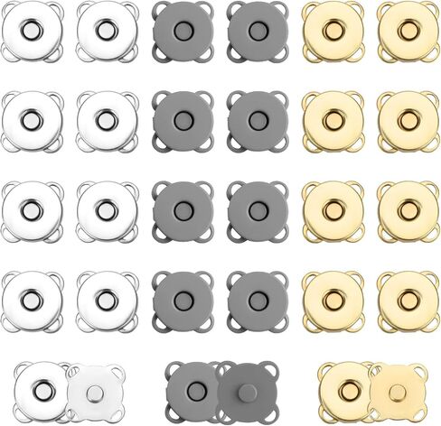 30 Sets of Magnetic Buttons, 0.7in/18mm Smooth Magnetic Snap Buttons Closures Plum Magnet Snap Button Clasp Fasteners for Sewing Clothing Bags Purses Briefcases (Gray, Light Gold, Silver) in Saudi Arabia