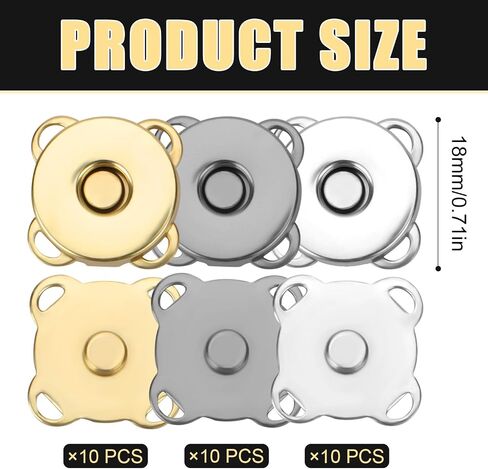 30 Sets of Magnetic Buttons, 0.7in/18mm Smooth Magnetic Snap Buttons Closures Plum Magnet Snap Button Clasp Fasteners for Sewing Clothing Bags Purses Briefcases (Gray, Light Gold, Silver) in Saudi Arabia