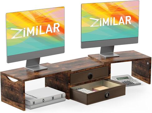 Zimilar Dual Monitor Stand Riser with 2 Drawers, Wood Monitor Riser for 2 Monitors, Length and Angle Adjustable Monitor Stand with Storage, Desktop Organizer Stand for Computer,Laptop,Printer in Saudi Arabia