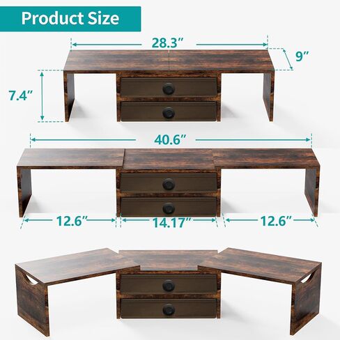 Zimilar Dual Monitor Stand Riser with 2 Drawers, Wood Monitor Riser for 2 Monitors, Length and Angle Adjustable Monitor Stand with Storage, Desktop Organizer Stand for Computer,Laptop,Printer in Saudi Arabia