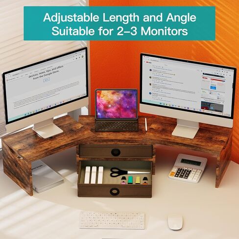 Zimilar Dual Monitor Stand Riser with 2 Drawers, Wood Monitor Riser for 2 Monitors, Length and Angle Adjustable Monitor Stand with Storage, Desktop Organizer Stand for Computer,Laptop,Printer in Saudi Arabia