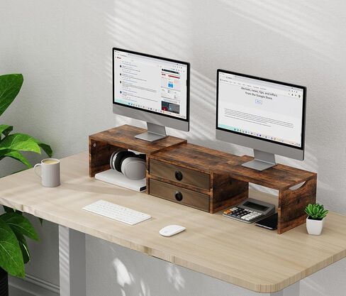 Zimilar Dual Monitor Stand Riser with 2 Drawers, Wood Monitor Riser for 2 Monitors, Length and Angle Adjustable Monitor Stand with Storage, Desktop Organizer Stand for Computer,Laptop,Printer in Saudi Arabia